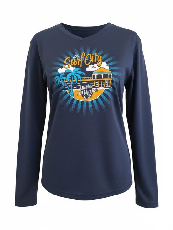 Always Advancing Tops - Surf City 2019 Navy Long-Sleeve V-Neck Graphic Tee